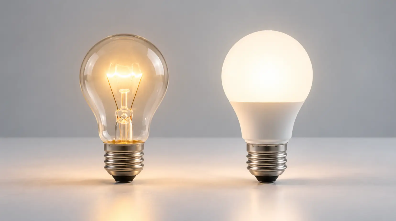 An LED bulb and an incandescent bulb beside their packaging.