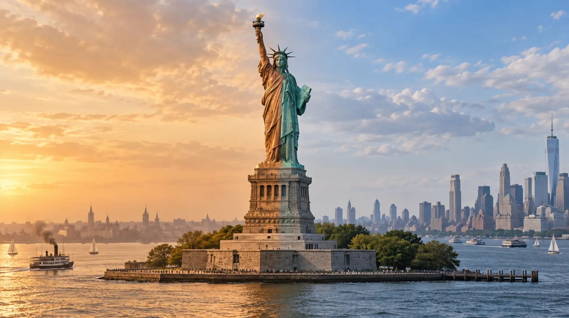 Illustrative comparison of the Statue of Liberty with a copper-brown exterior and its present green patina.