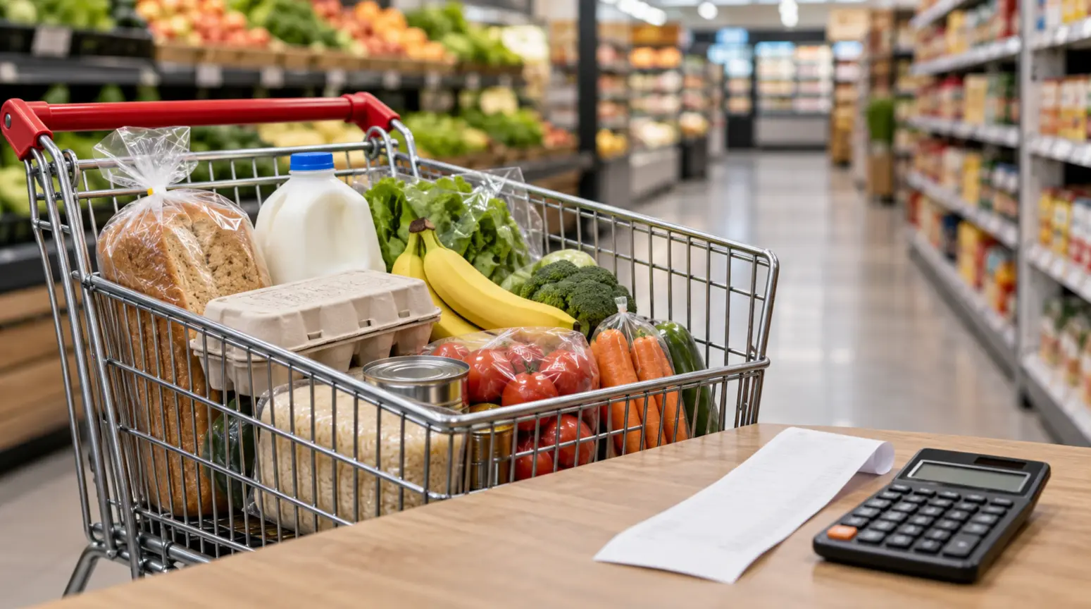 A shopping cart containing groceries beside a calculator and a receipt.