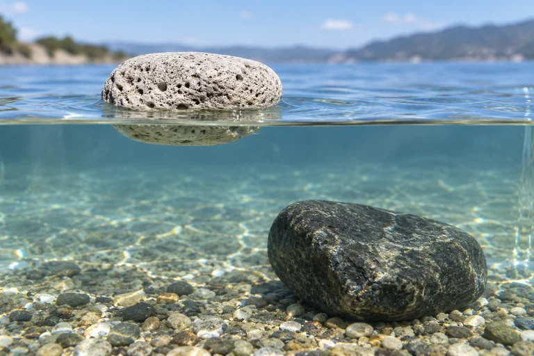 A piece of pumice floating in a clear container of water above a denser stone on the bottom.