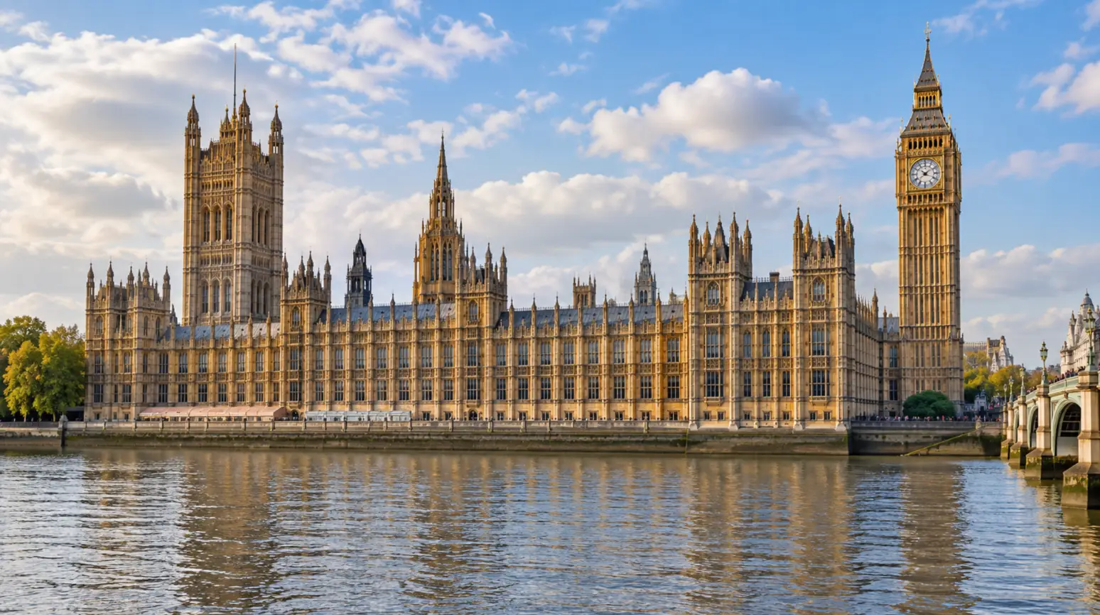 The Palace of Westminster beside the River Thames in London.