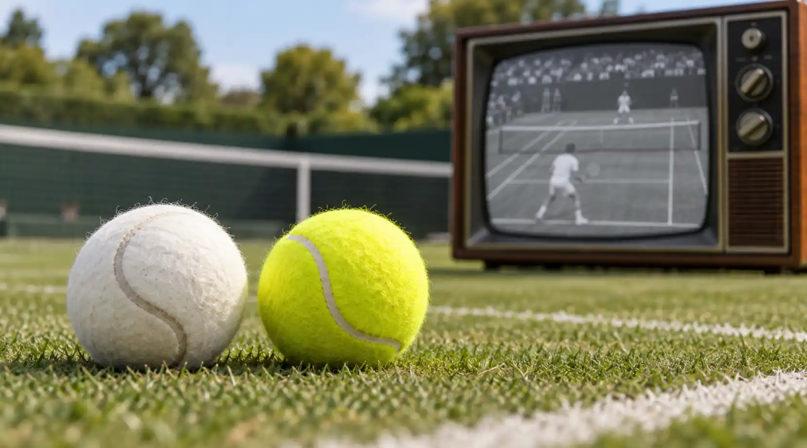 A white tennis ball and a yellow tennis ball on grass with a vintage television in the background.
