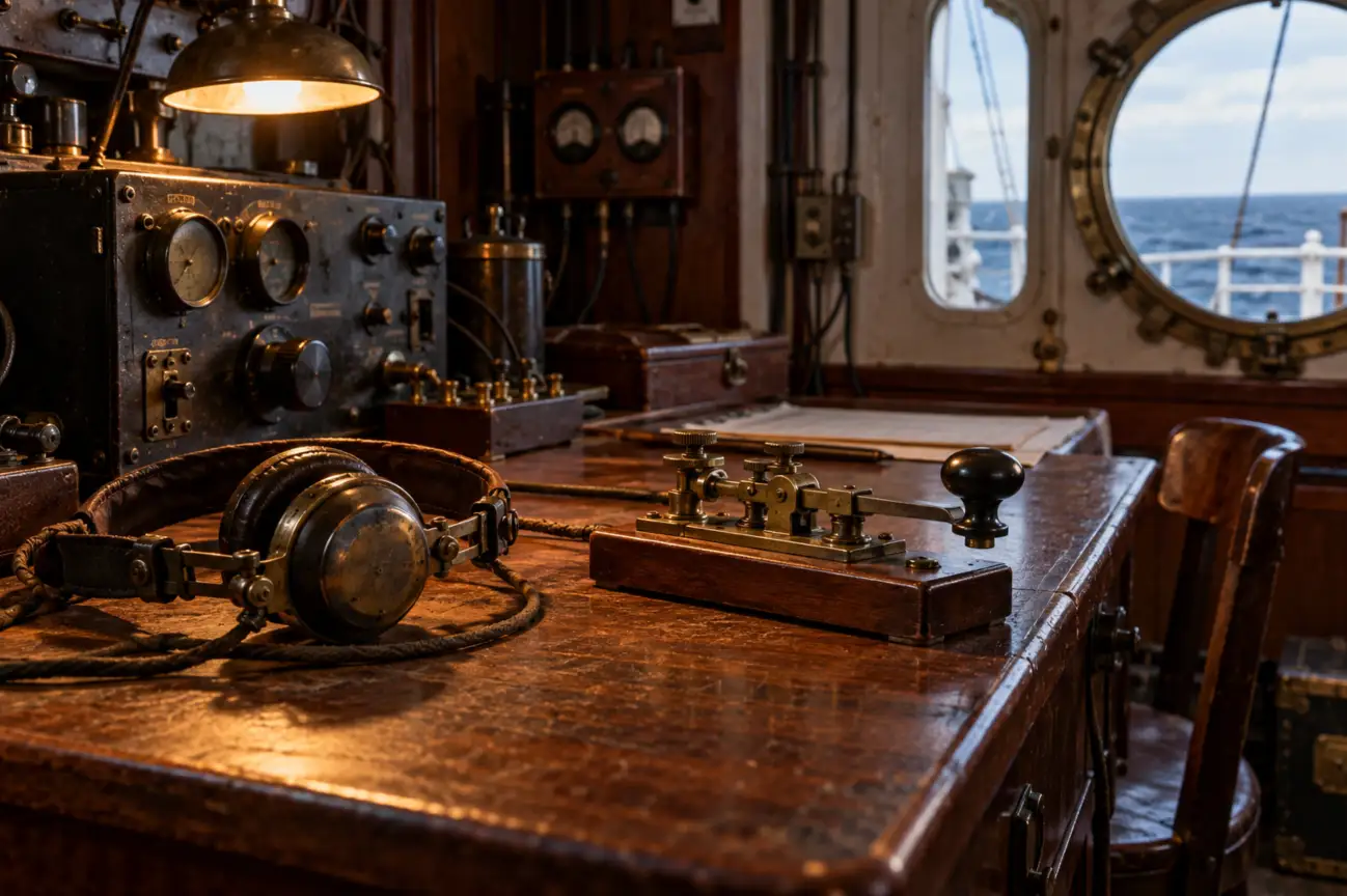 An early twentieth-century telegraph key and radio headphones on a wooden desk.