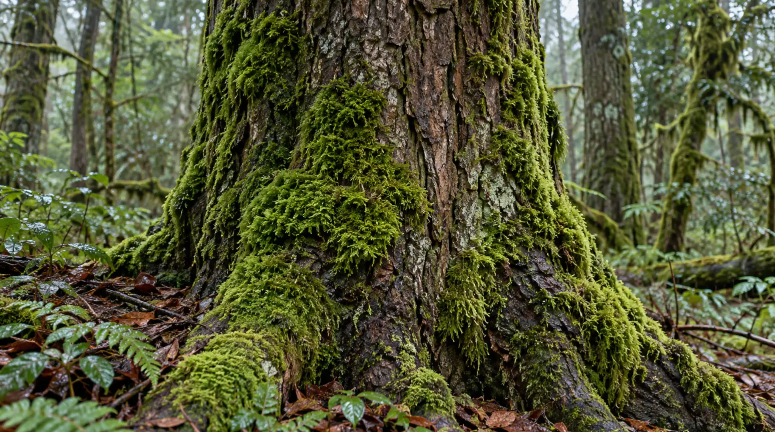 Green moss growing across several surfaces of a damp tree trunk in woodland.