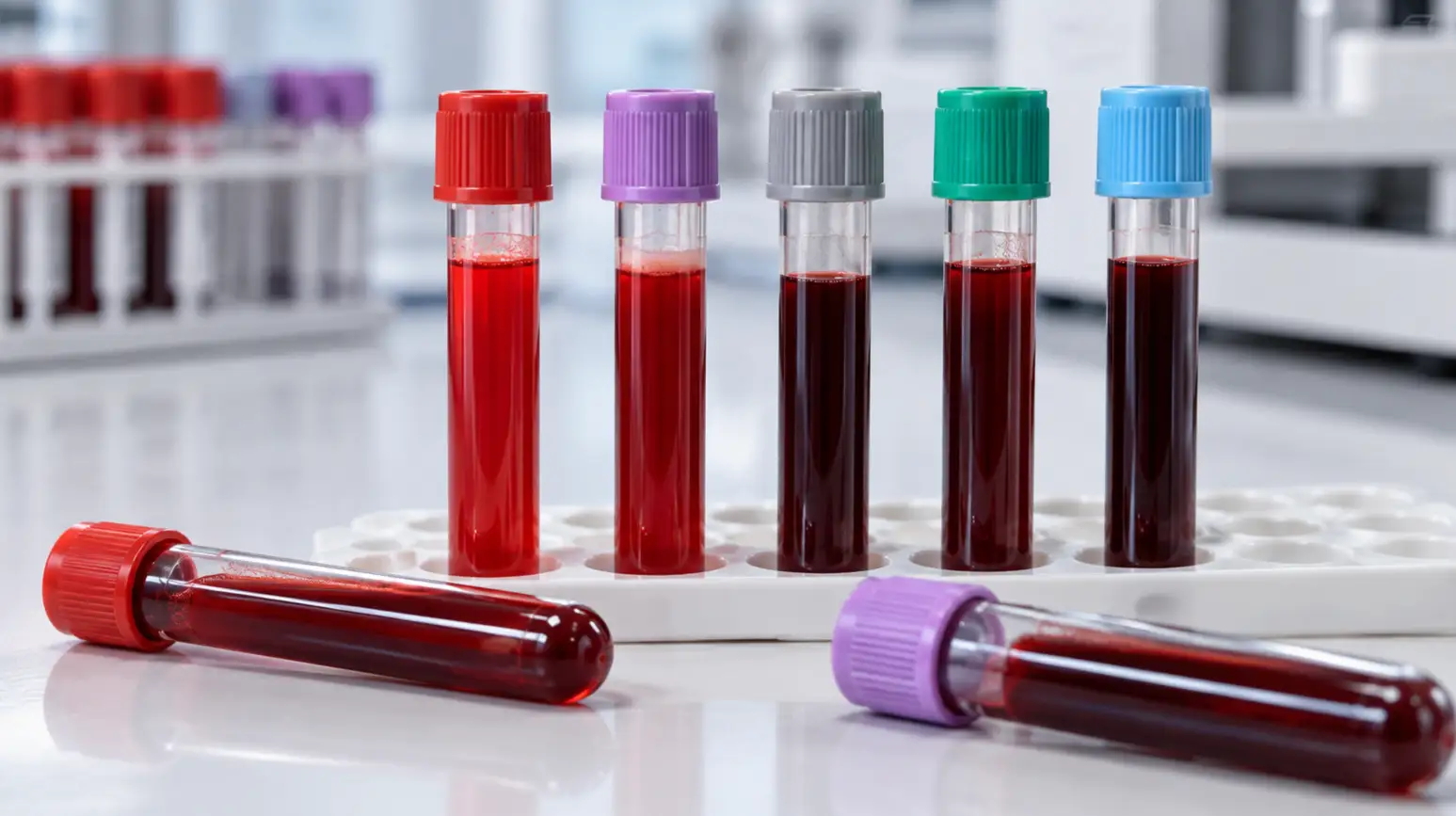 Sealed transparent laboratory tubes containing blood samples in shades of red.