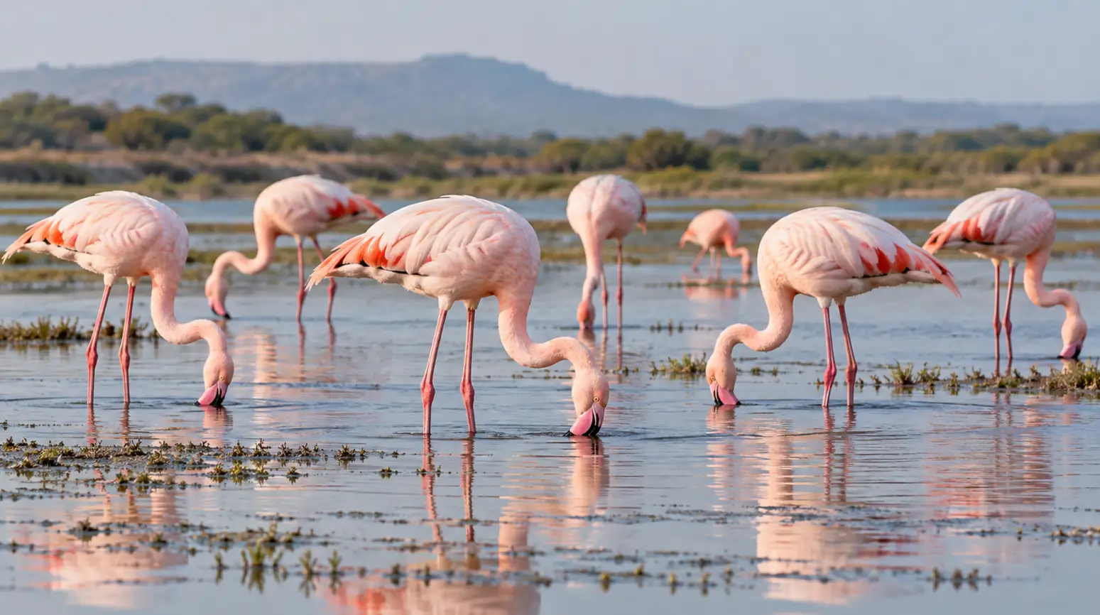 Pink flamingos feeding with their curved bills submerged in a shallow lagoon.