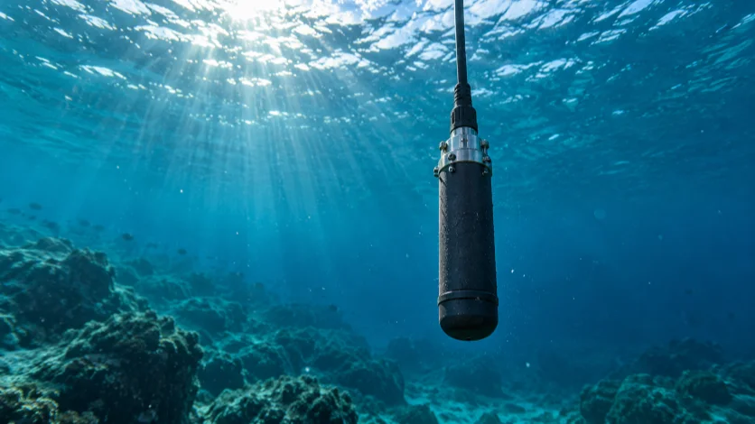 A hydrophone suspended underwater beneath the ocean surface.