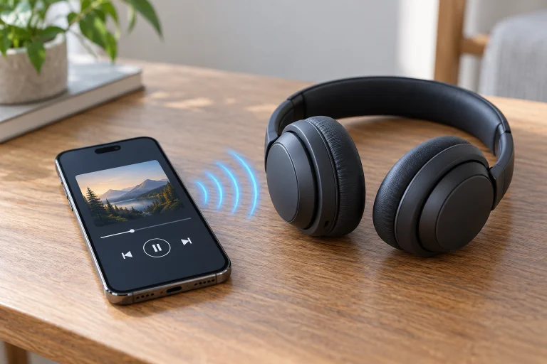 A smartphone playing a local audio file beside a portable Bluetooth speaker.