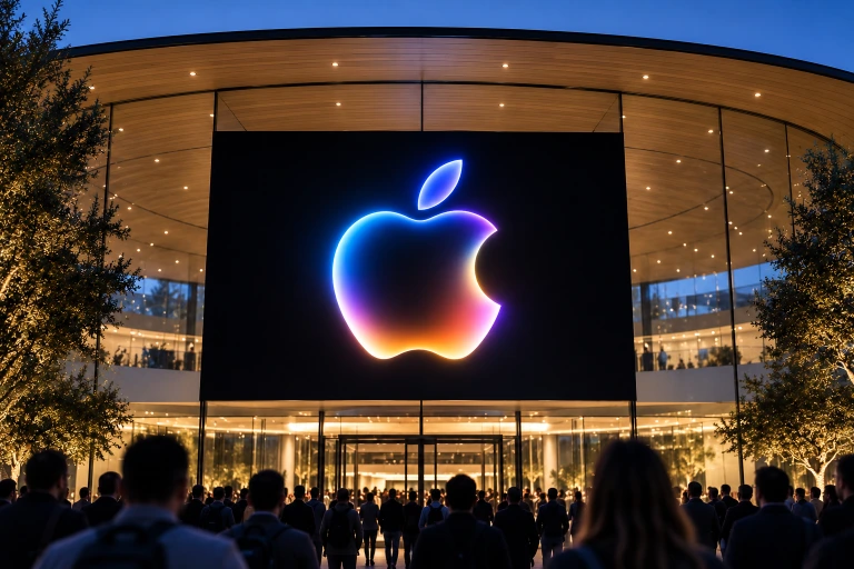 A glowing Apple logo promoting a September 9 special event on a digital screen.