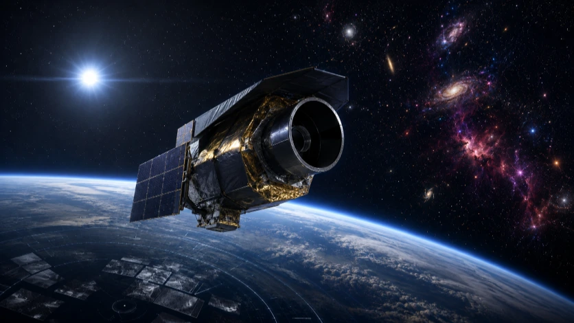 The Nancy Grace Roman Space Telescope being prepared for launch beside a close view of its primary mirror.