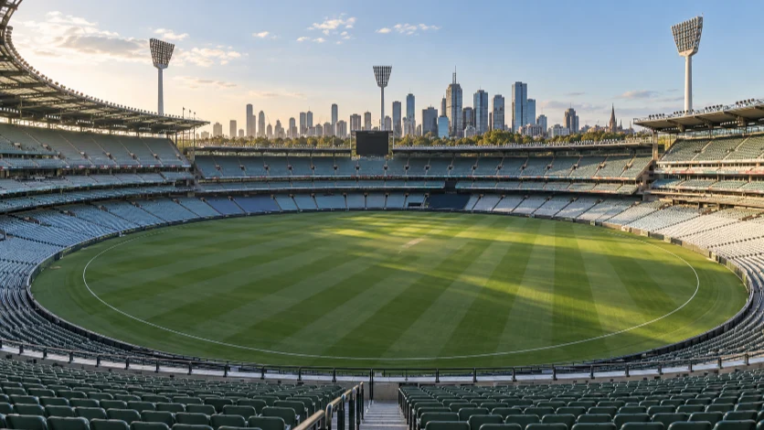Wide view of the Melbourne Cricket Ground and its surrounding stands.
