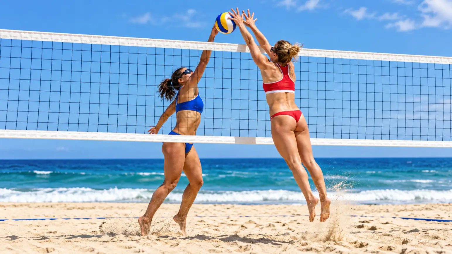 An adult beach volleyball player contacting the ball with both hands during a block at the net.