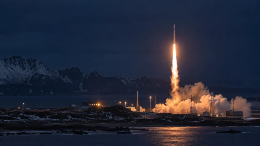 Spectrum rocket launching into the night sky from Andøya, Norway.
