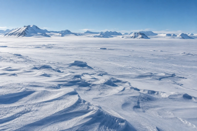 A broad snow-covered Antarctic plateau beneath a clear sky.