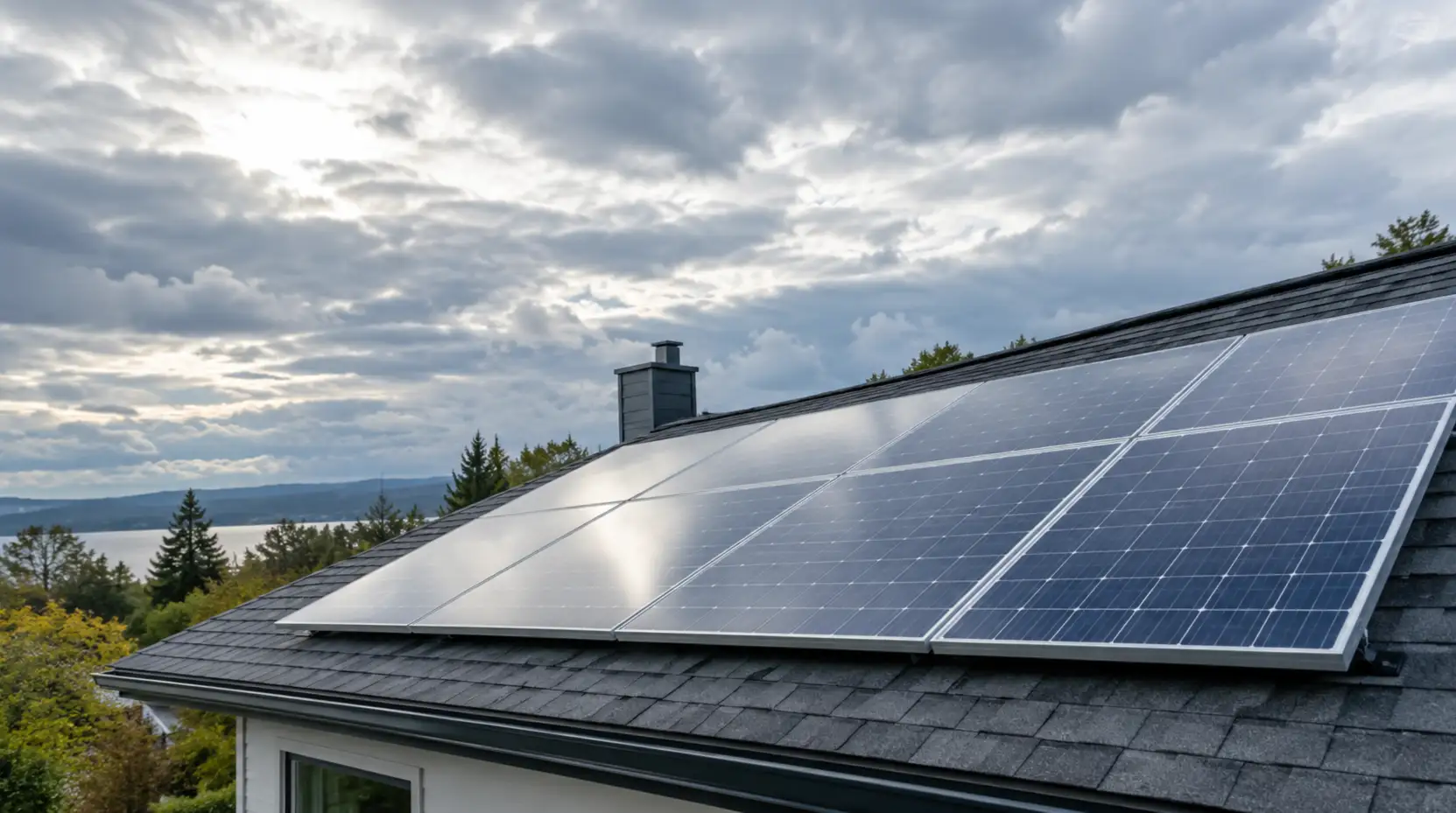 Photovoltaic solar panels on a rooftop beneath an overcast daytime sky.