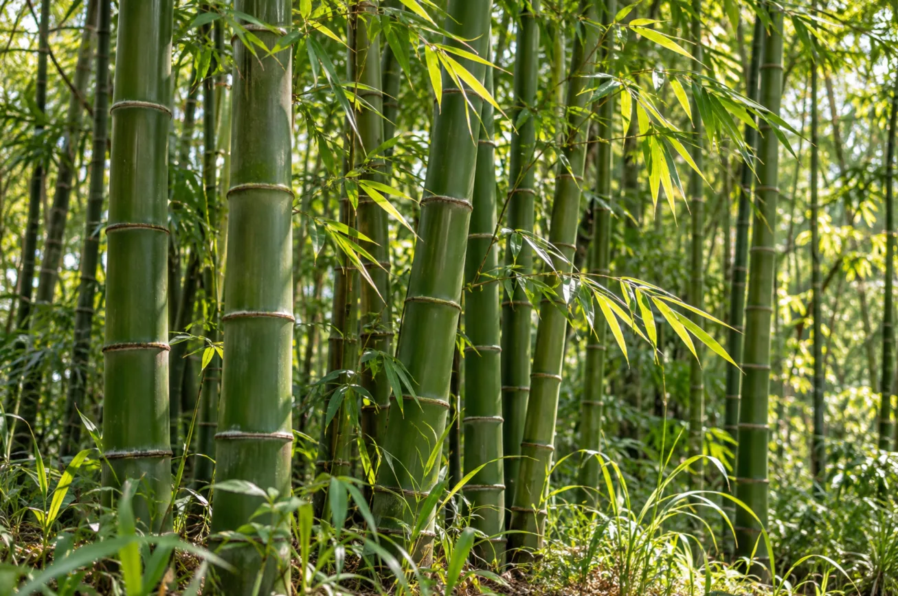 Tall bamboo canes with clearly visible nodes and leafy branches in a bamboo grove.