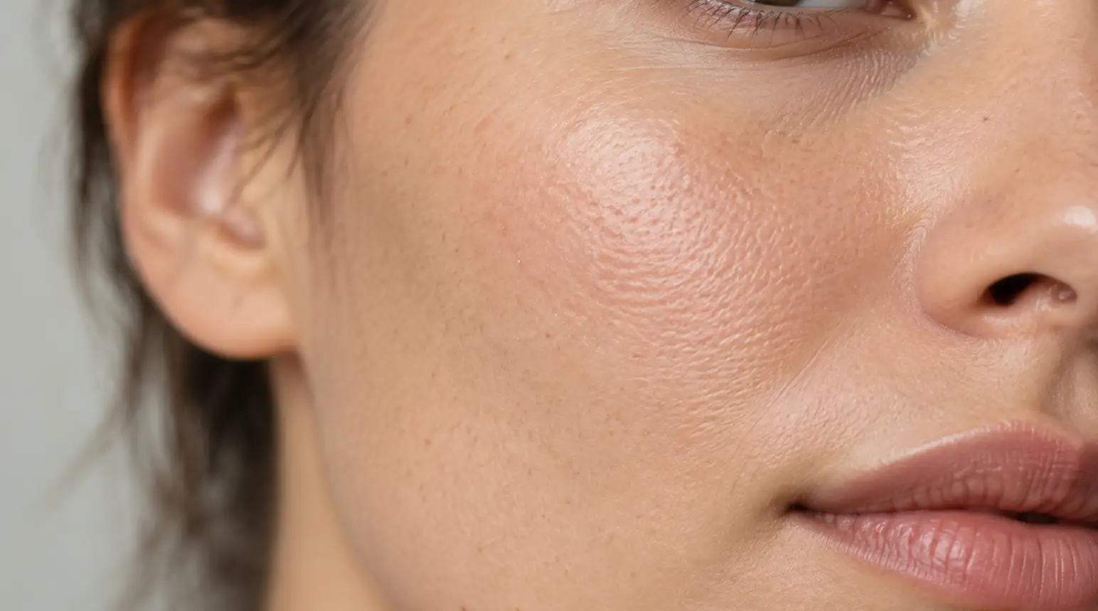 Close-up of an adult's cheek showing natural skin texture and visible pores.