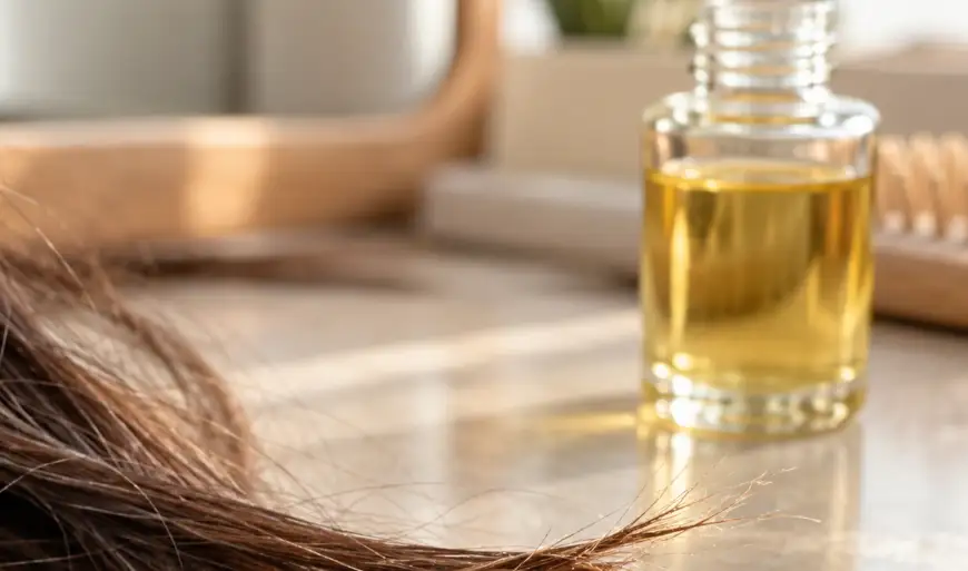 Close-up of hair ends with visible splits beside an unbranded bottle of hair oil.