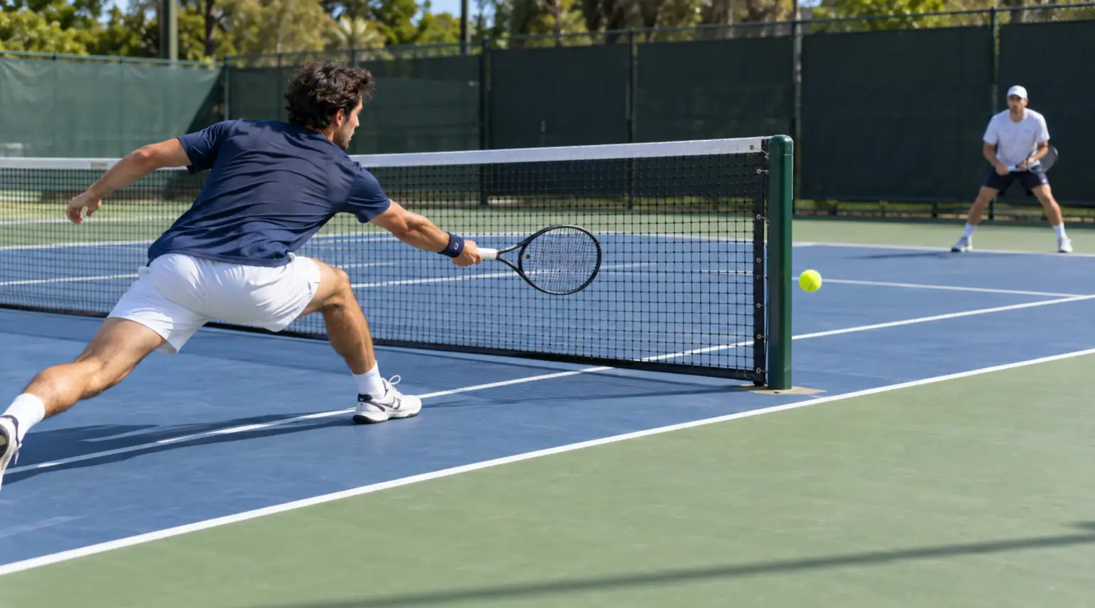 An adult tennis player reaching wide as the ball travels outside the net post toward the opposite court.