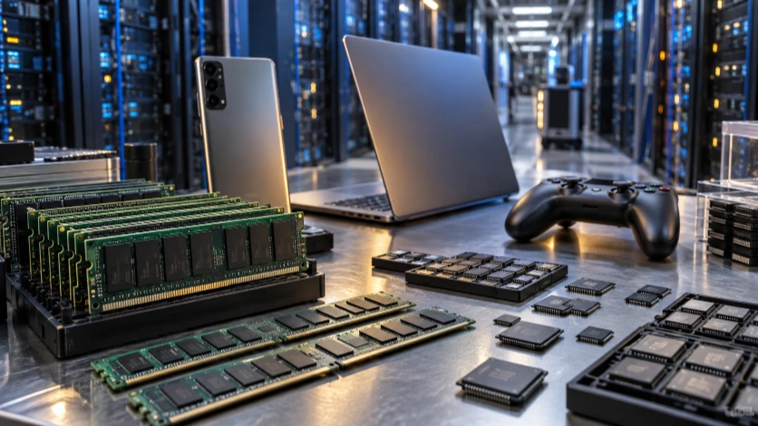 Rows of memory chips in the foreground with consumer phones, laptops and game consoles in the background.