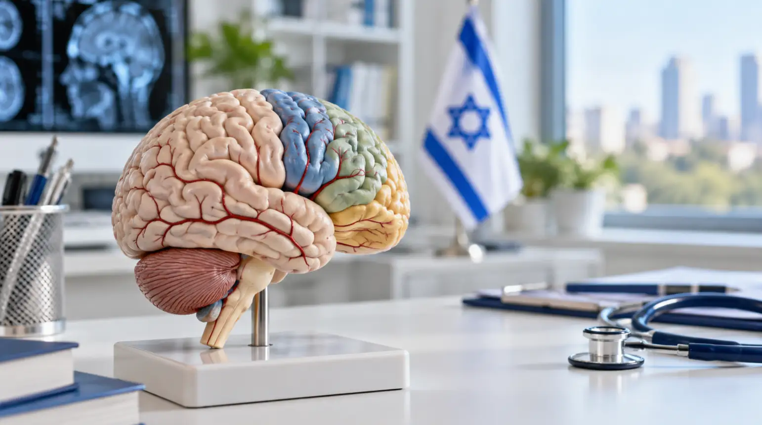 An anatomical brain model beside a small Israeli flag in a clinical setting.
