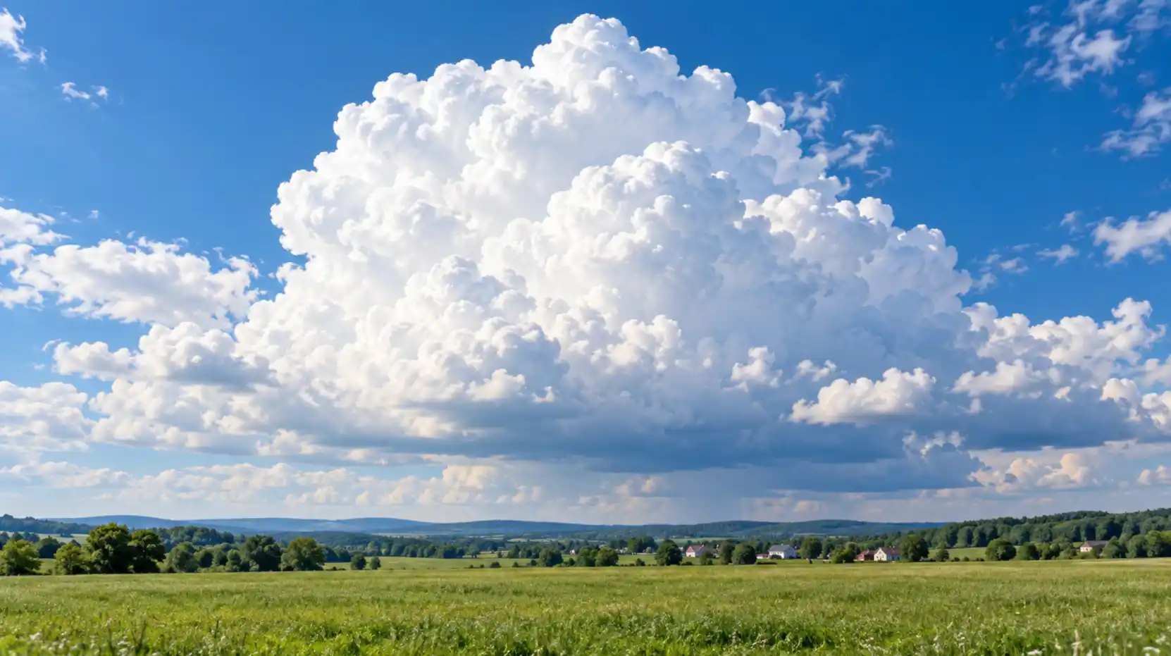 A large white cumulus cloud above green fields and distant houses.