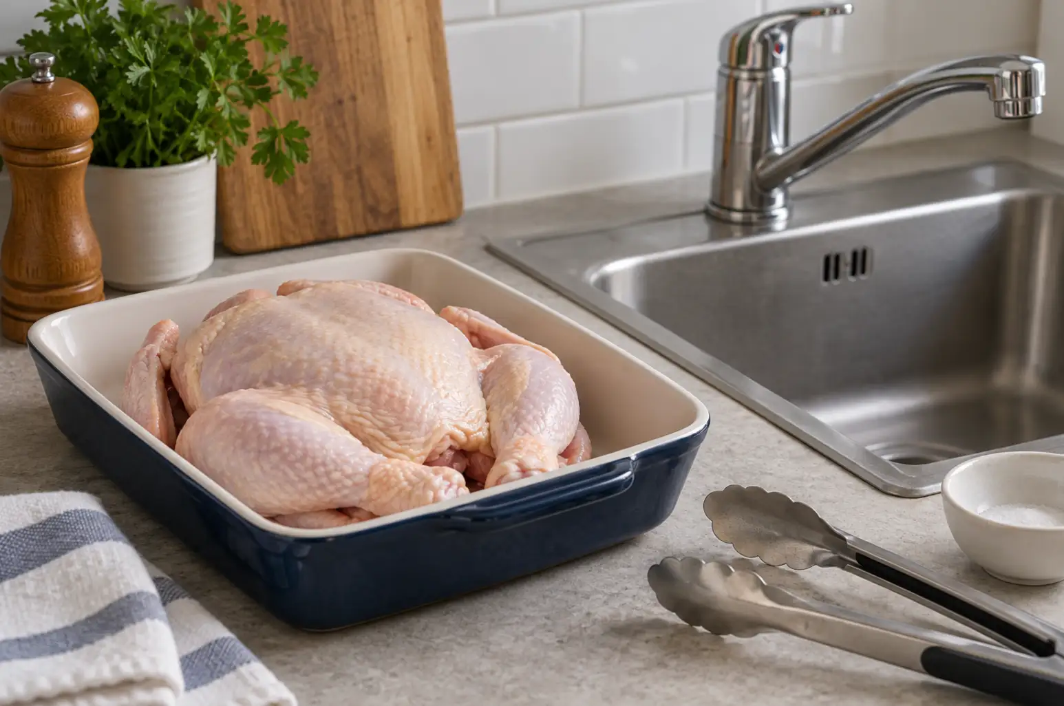 Raw chicken in a roasting tray beside a clean sink with the tap turned off.