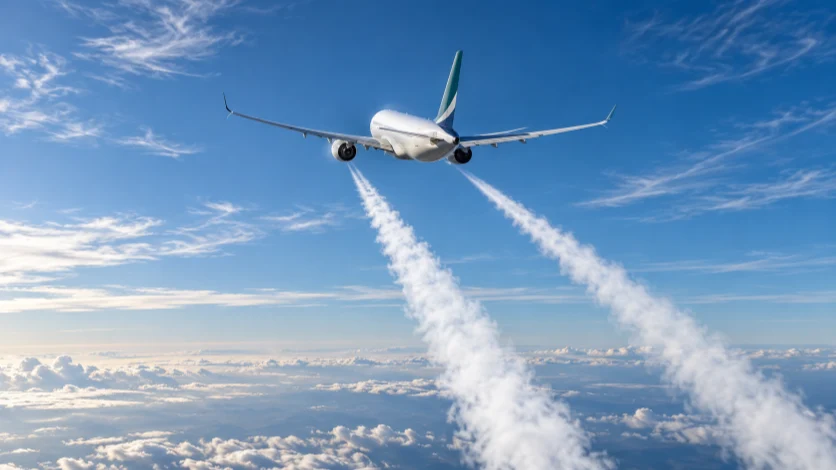 An airliner flying at high altitude with white contrails trailing behind it.