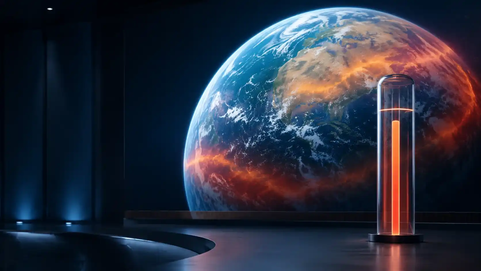 A view of Earth accompanied by a neutral visualization of rising global temperatures.