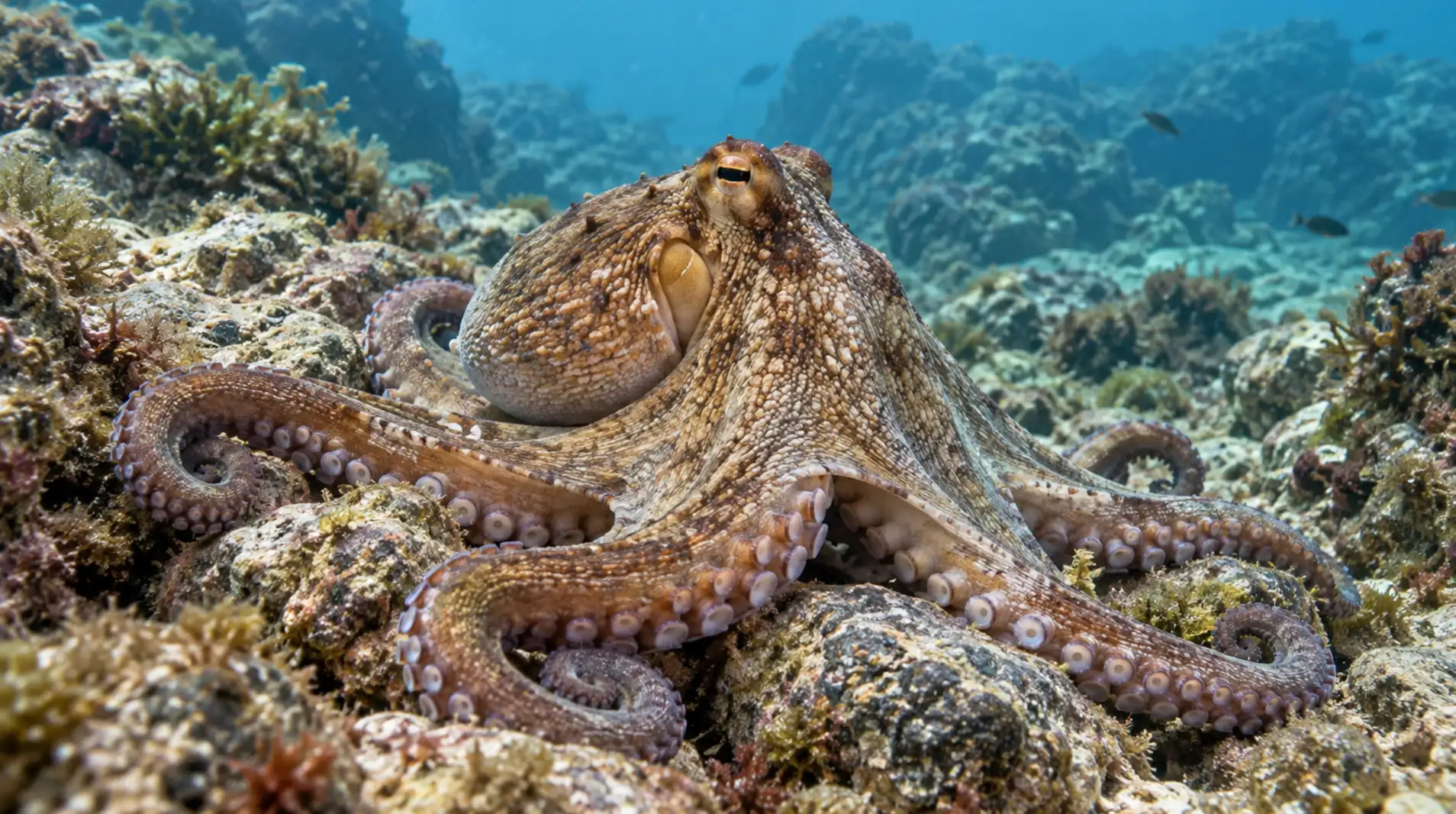 An octopus resting on a rocky seabed with its arms spread around its body.