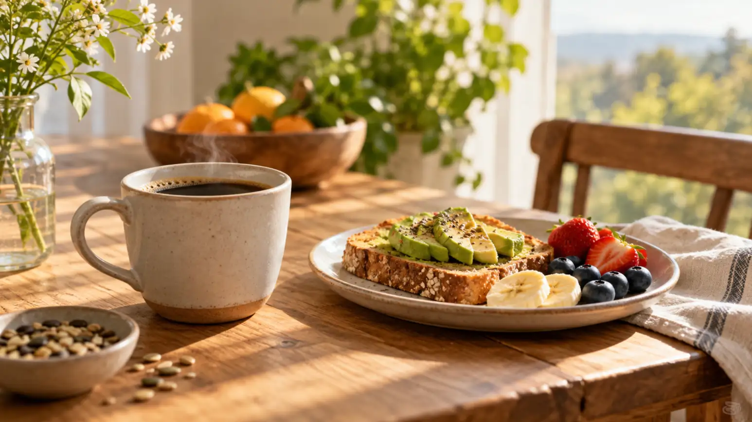 A cup of black coffee beside a meal on a naturally lit table.