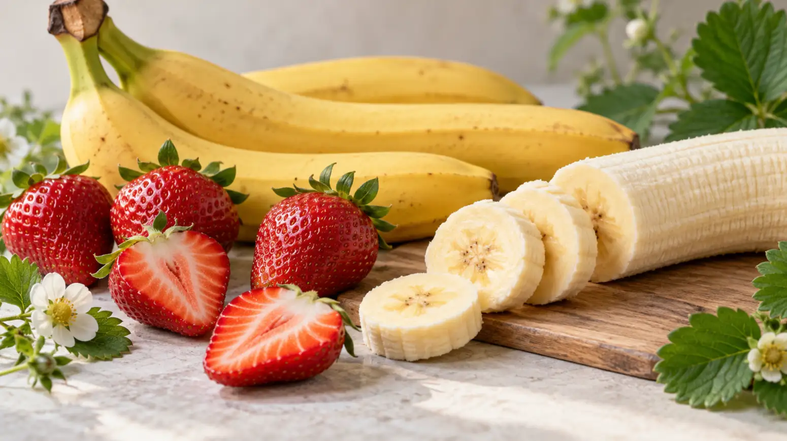 Whole and sliced bananas beside strawberries, with the strawberries' surface achenes visible.