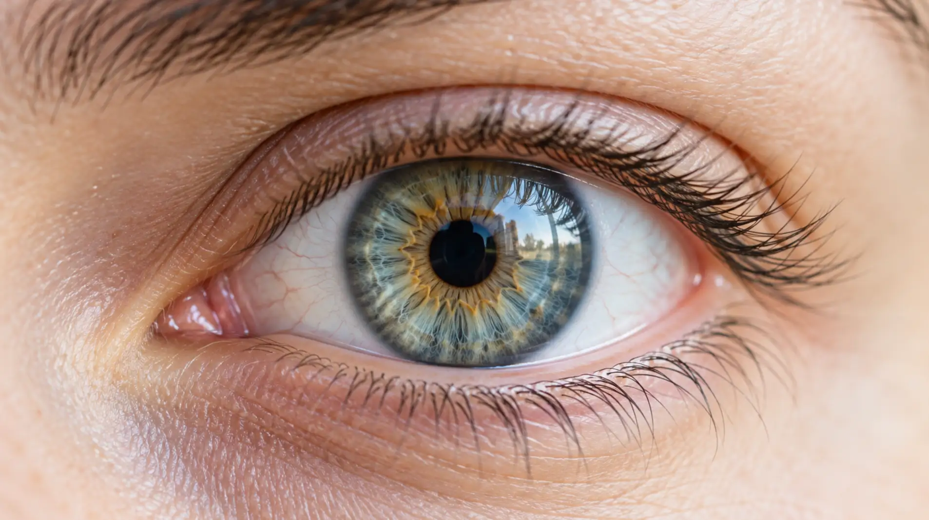 Close-up of a healthy human eye showing the iris and clear corneal surface.