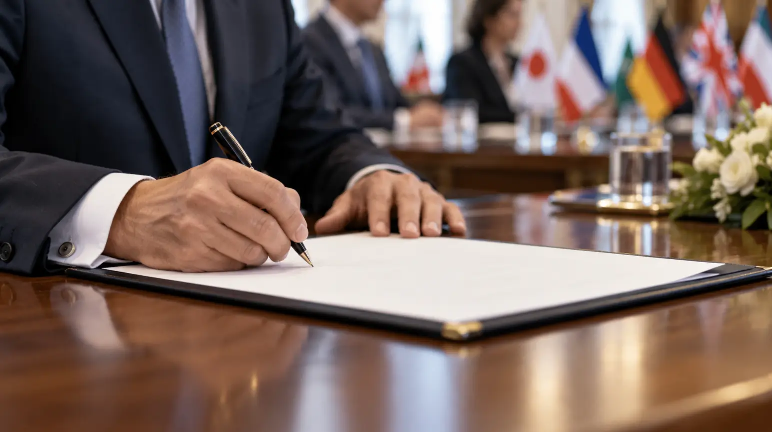 A hand signing a document at a conference table with blurred flags in the background.