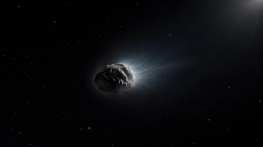Suggested illustration of the icy object 450P/LONEOS surrounded by a faint cloud of gas and dust in deep space.