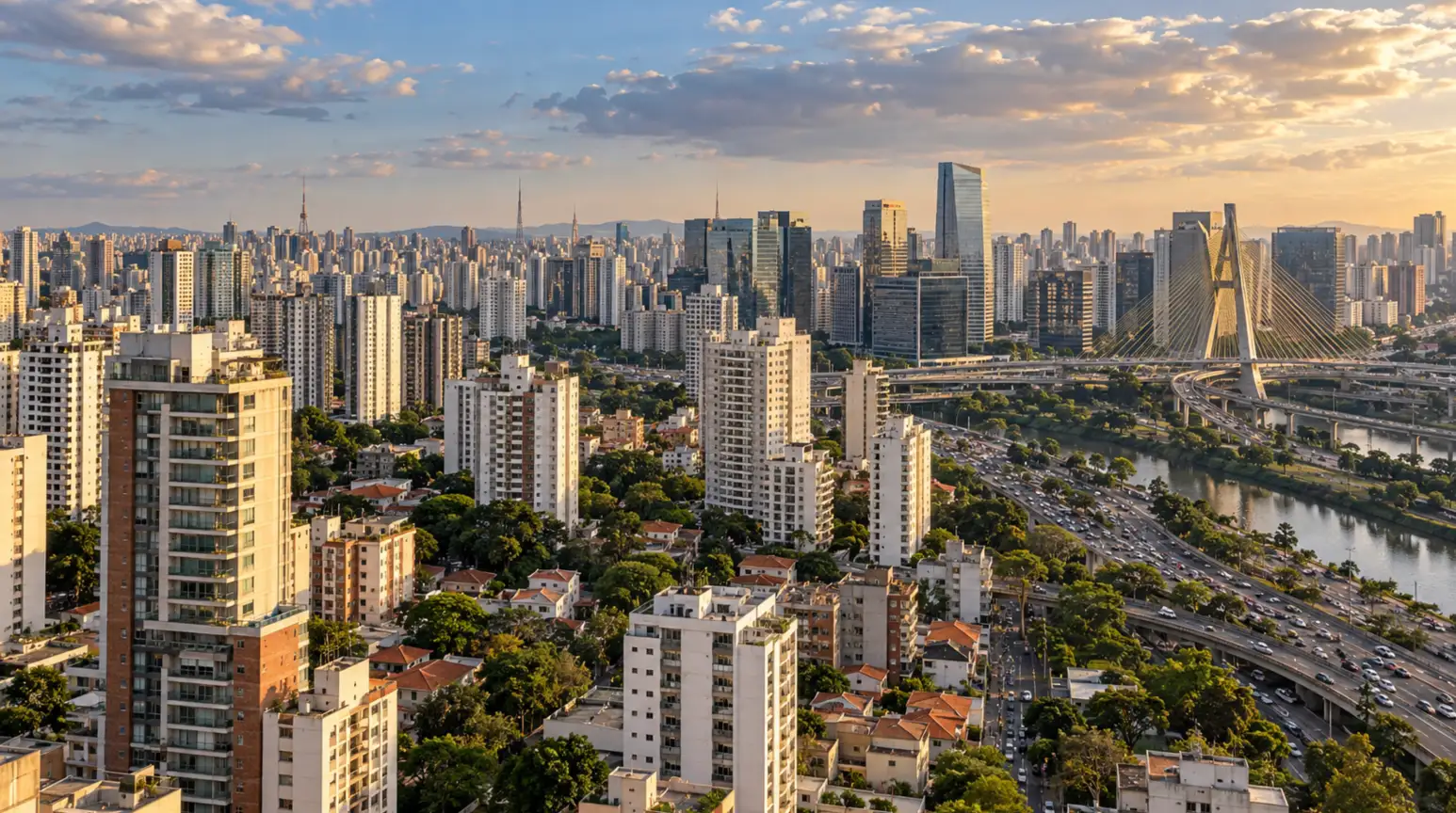 Wide view of São Paulo showing residential buildings, office towers and urban infrastructure.