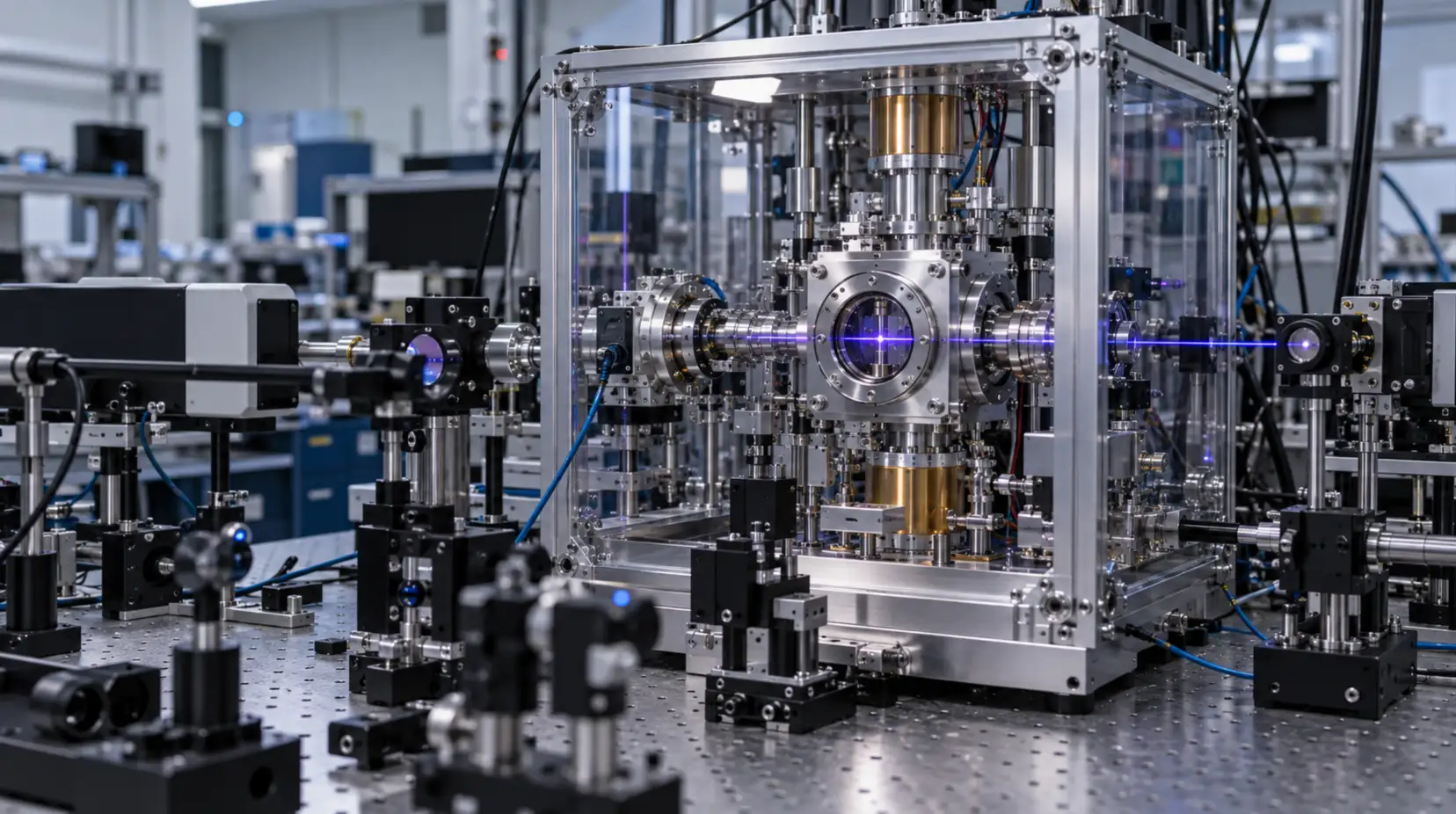 Conceptual illustration of an optical atomic-clock laboratory with an ion trap and laser components.