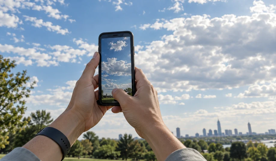 An adult holding a smartphone toward scattered clouds in a blue sky.
