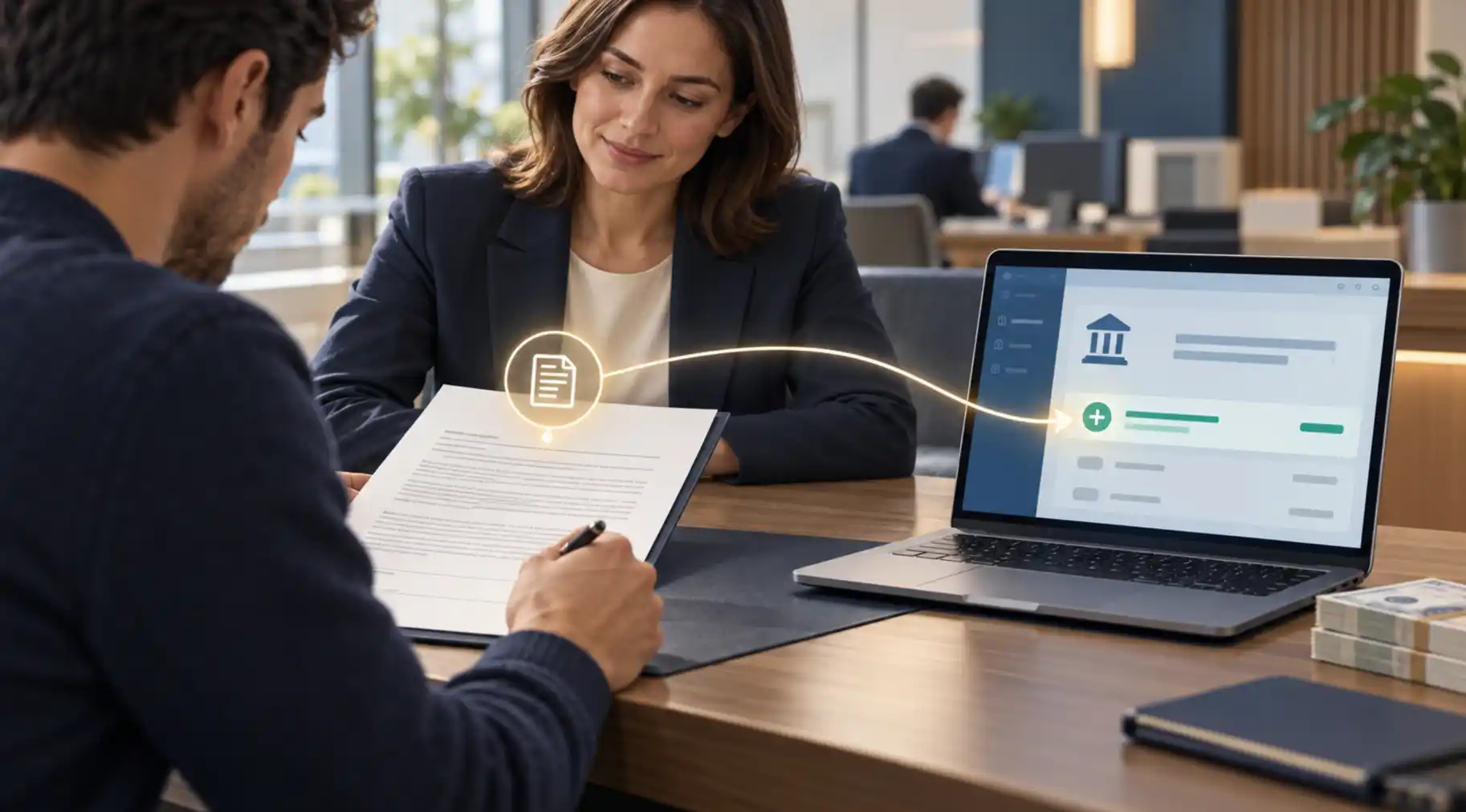 A person reviewing a loan agreement beside a laptop displaying a generic banking interface.