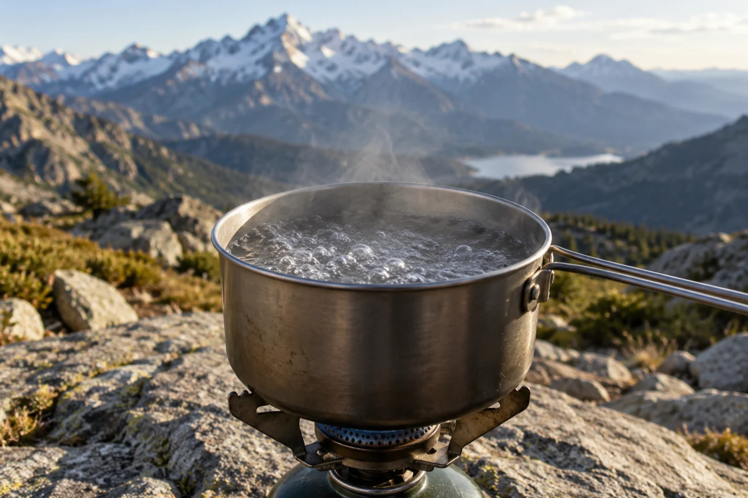 An open pot of boiling water with a thermometer against a mountain backdrop.