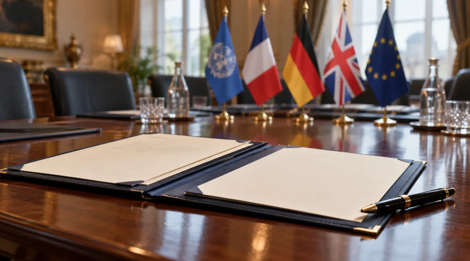 An open document folder and pen on a diplomatic meeting table, with small flags in the background.