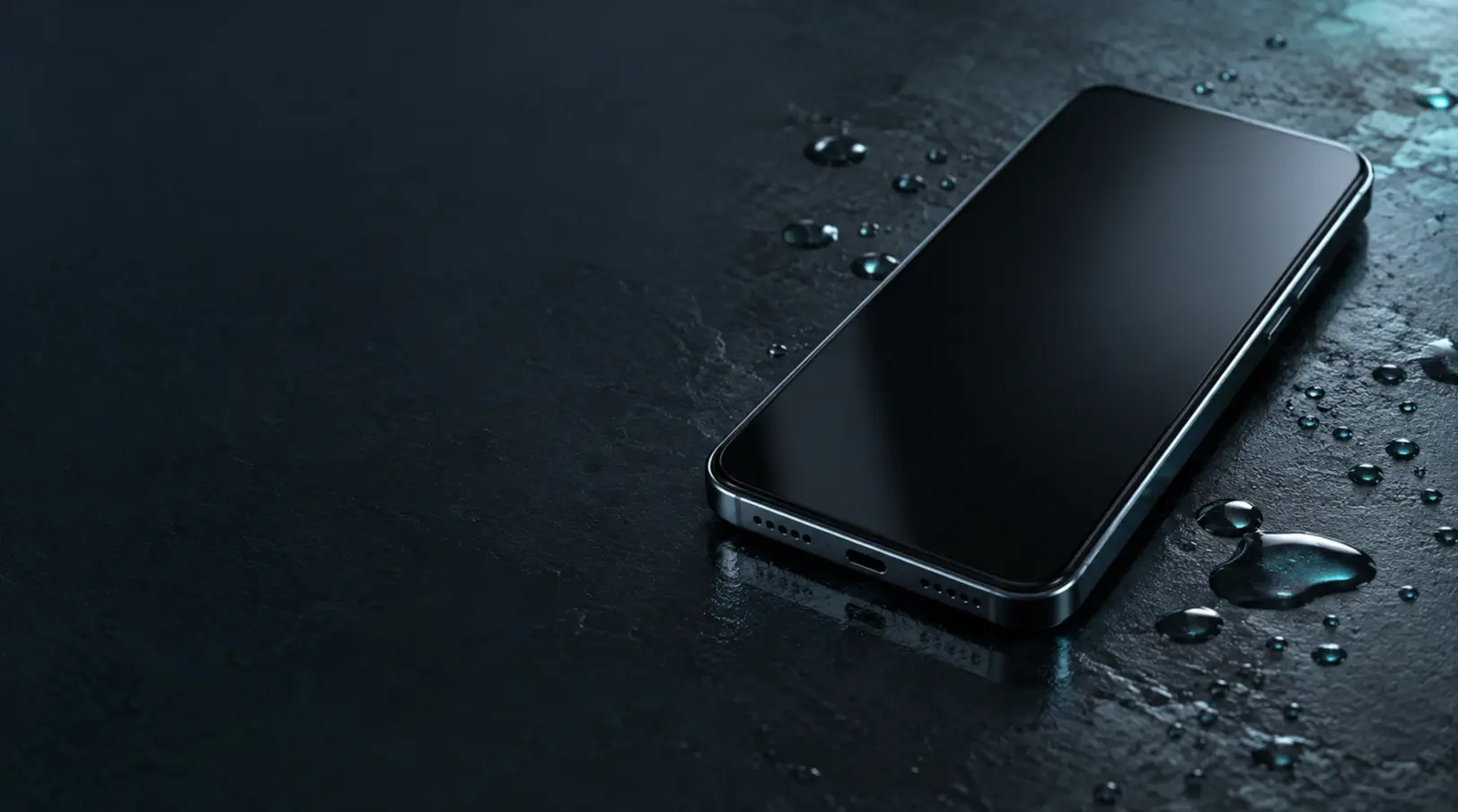A smartphone resting on a dry surface beside scattered water droplets.