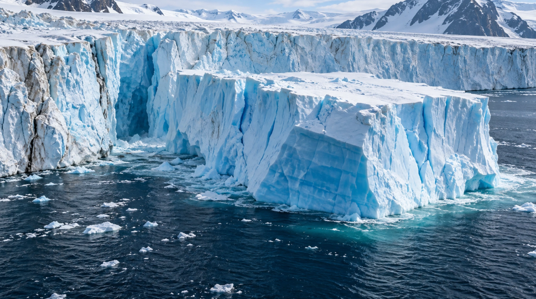A large iceberg with ridged blue-white ice floating in open ocean water.