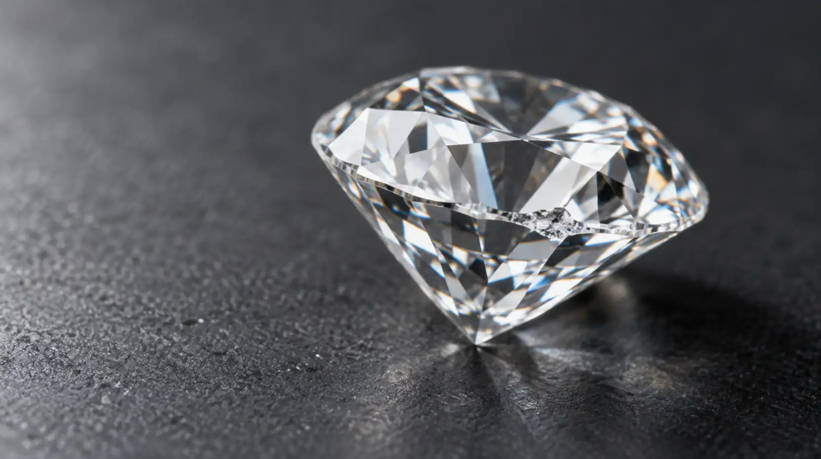 Close-up of a faceted diamond with a small chip along its edge.