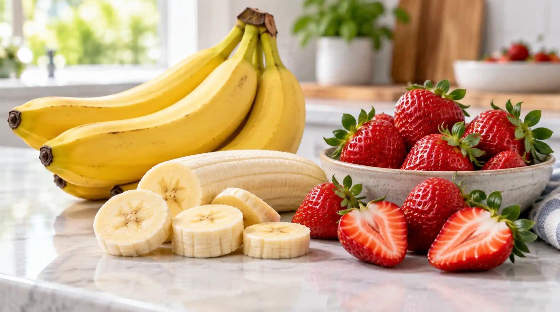 Whole and sliced bananas beside fresh strawberries on a light kitchen counter.