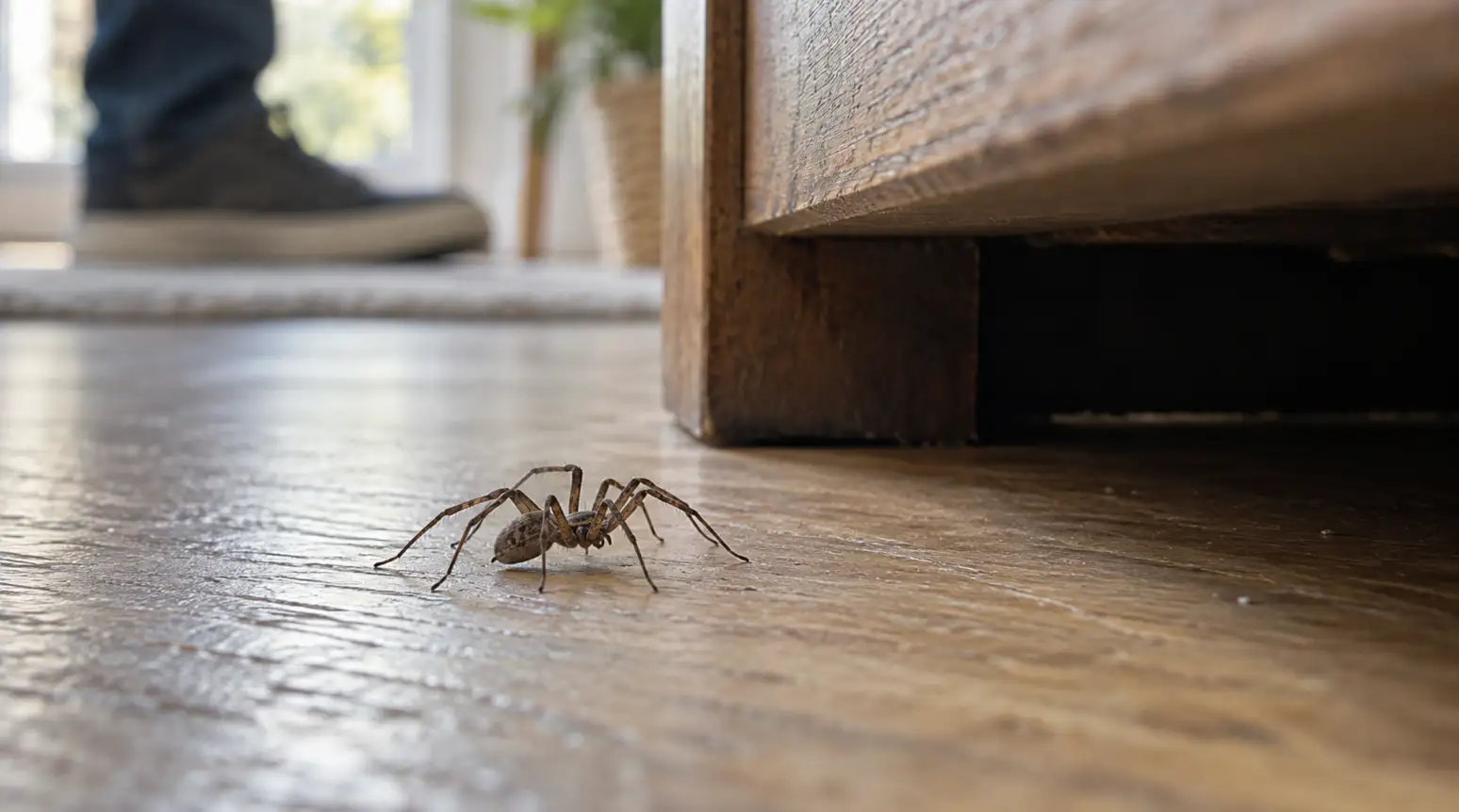 A small spider on the floor near furniture, with a human shoe out of focus in the background.