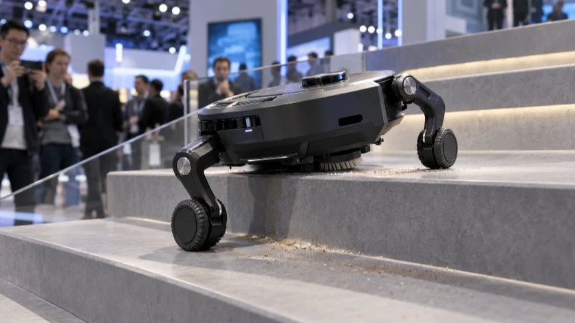 Roborock Saros Rover using its articulated wheel legs on demonstration stairs.