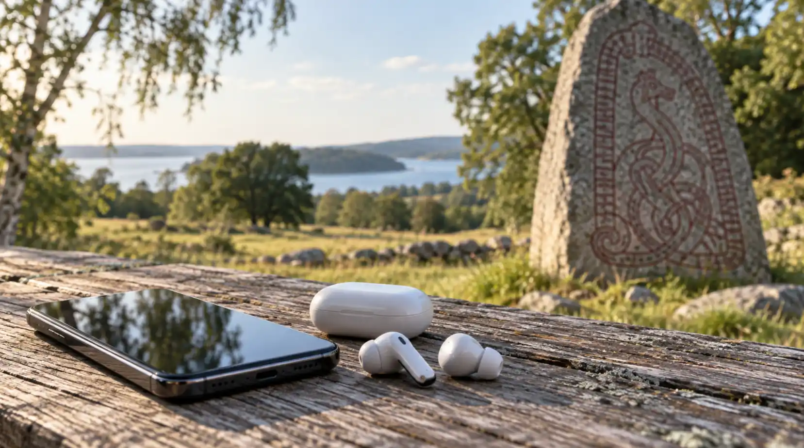 A smartphone and wireless headphones on a table with a Scandinavian runestone in the background.