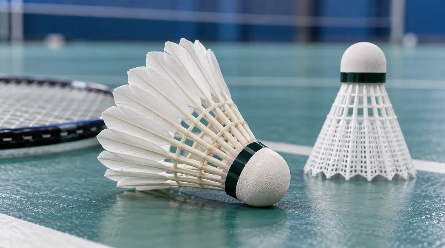 A feathered shuttlecock and a synthetic shuttlecock beside a badminton racket.