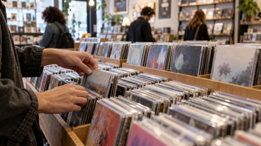 Rows of music CDs displayed in a record store.